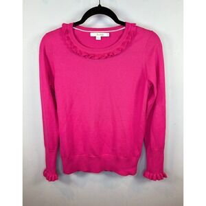 Boden Bernadette Ruffle Sweater Hot Pink Wool Cotton Blend Womens Size 8